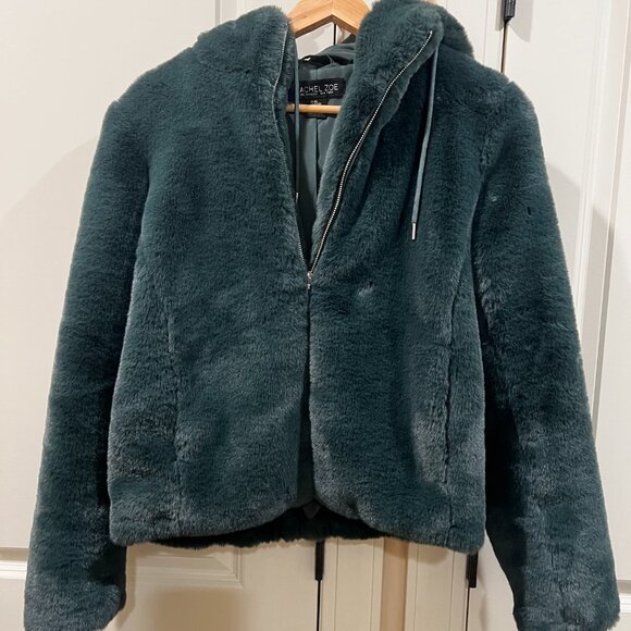 Rachel Zoe Faux Fur Bomber Jacket with Hood – Forest Green | Size XS - Picture 2 of 5